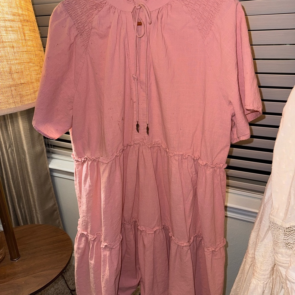Dusty Pink Boho Tiered Peasant Dress | Feather Tie Neckline & Puff Sleeves Sold❌ - Picture 4 of 5